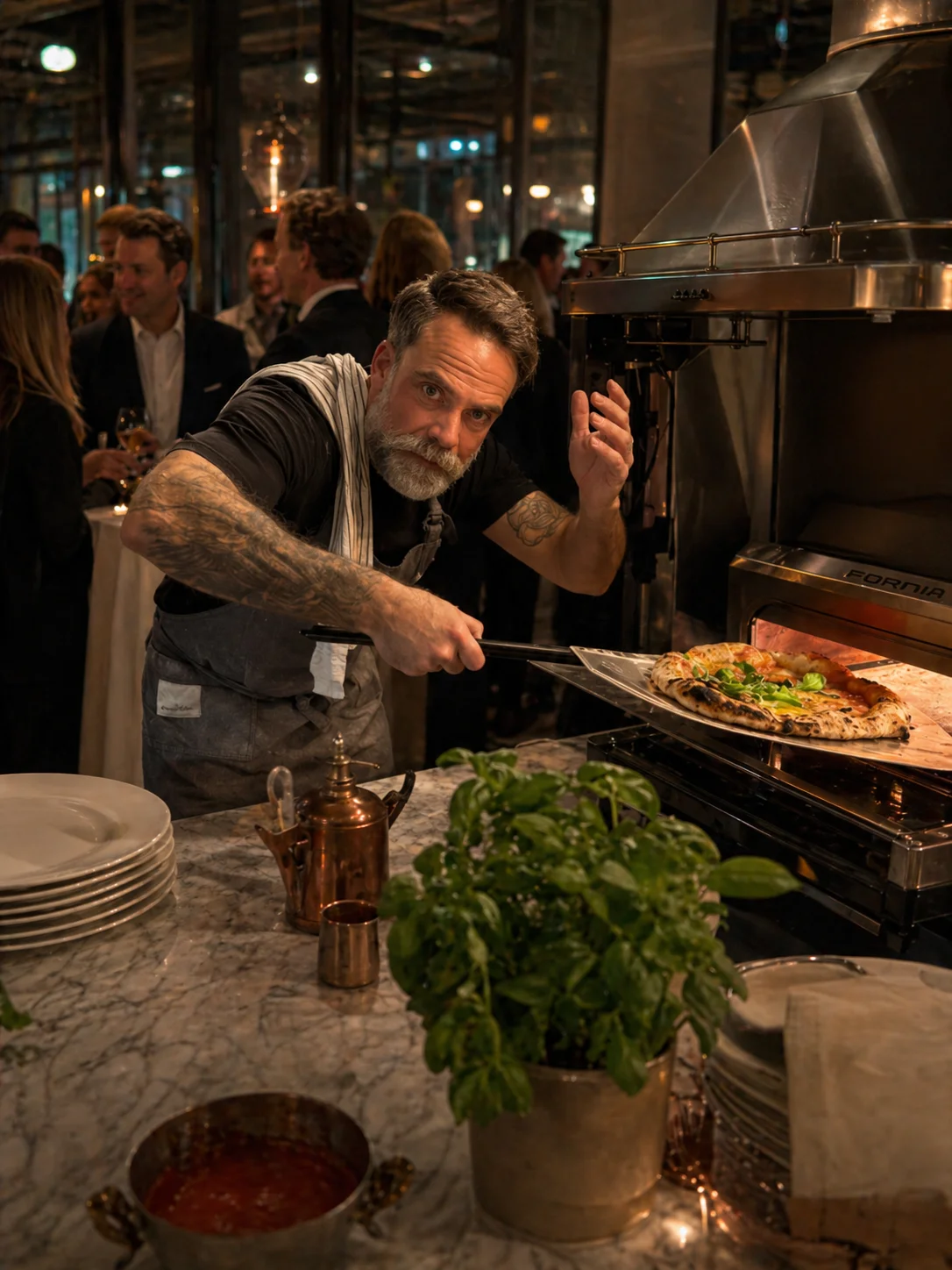Carlos från That's amore bakar pizza vid ugn på cateringevent i Stockholm