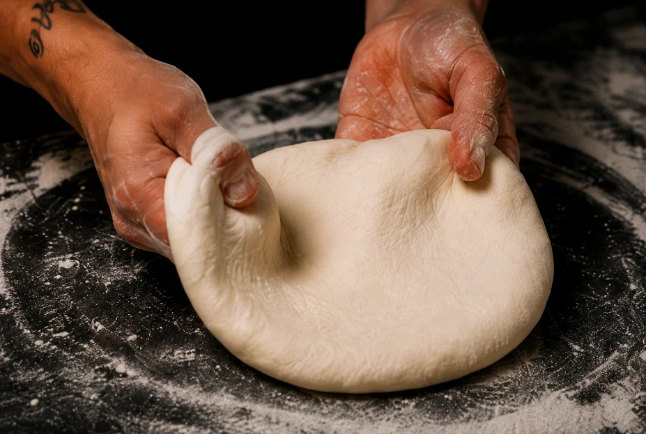 deg öppnas upp och formas till pizza för hand