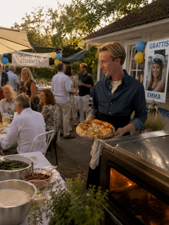 studentmottagning catering, Hugo serverar napolitansk pizza