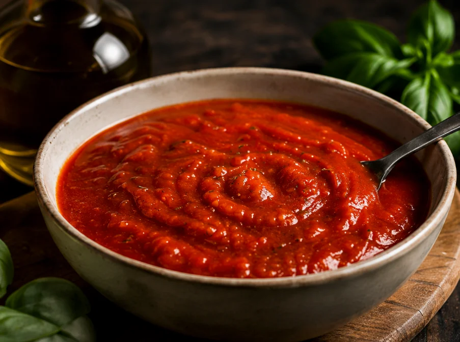 tomatsås enligt napolitanskt recept med san marzano tomater, havssalt, olivolja och basilika